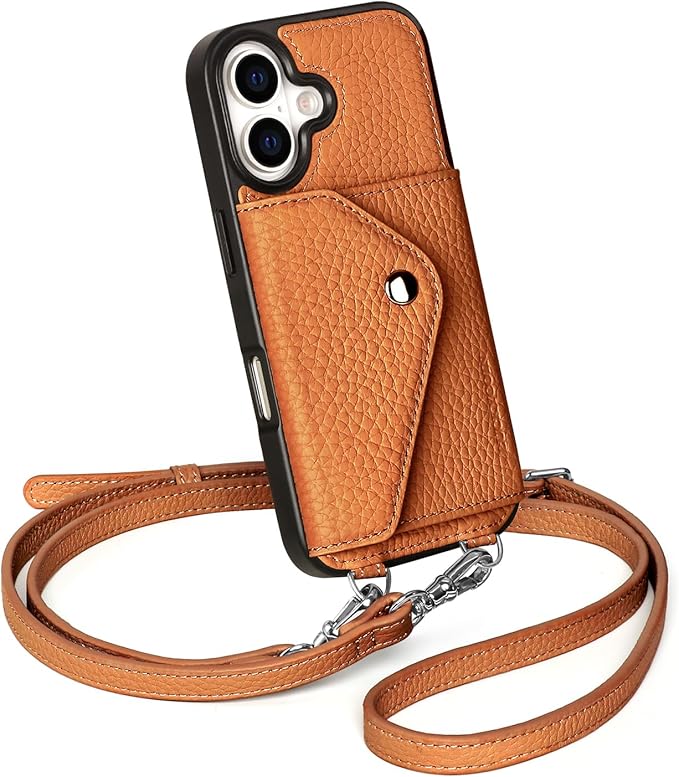 LUCKYCOIN Crossbody Wallet Phone Case for iPhone 17,100% Genuine Leather Wallet Phone Case with Expandable Flip Card Holder,Phone Purse for Women with Adjustable Removable Strap - Pebble Brown