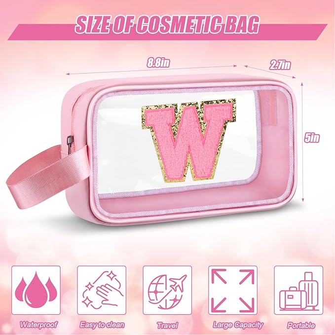 Initial Makeup Bag,Letter W Cute Clear Monogrammed Cosmetic Travel Bag for Womens Girls,Personalized Pink Aesthetic Traveling Make Up Organizer Bag for Beach,Waterproof Toiletry Bag