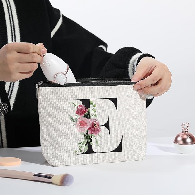 Initial Makeup Bag, Personalized Gifts for Women, Bridesmaid Gifts, Birthday Gifts for Women Mom, Gifts for Best Friend, Bride Bridesmaid Cosmetic bag (Letter E)