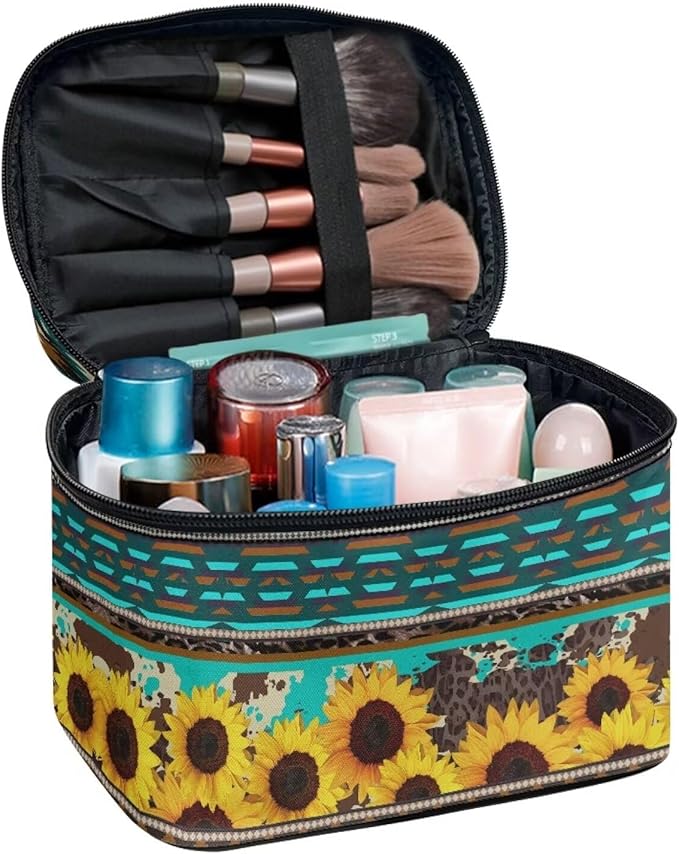 Western Aztec Sunflower Makeup Bag for Women Ladies Classic Cheetah Leopard Pattern Portable Cosmetic Bag with Zipper and Carry Handle Make Up Tote Bags Boho Tribal Toiletry Case Organizer
