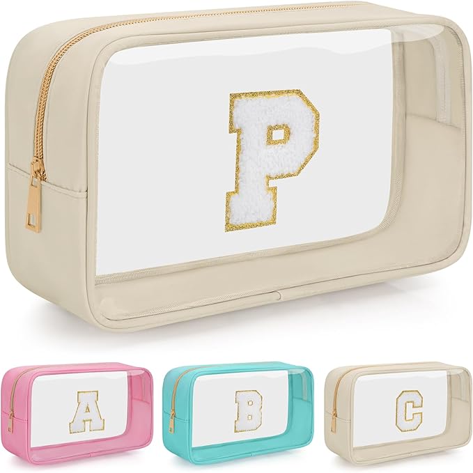 Personalized Initial Clear Makeup Bag, Travel Chenille Patch Cosmetic Bag, Preppy Toiletry Bag Monogram Cosmetic Pouch with Zipper, Ideal Gift for Teen Girls Women (Clear-Beige, P)