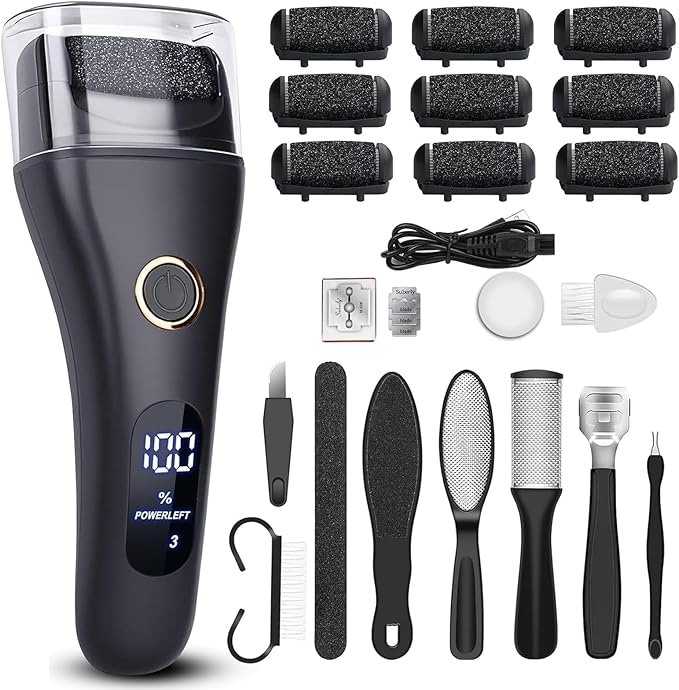 Electric Foot File Callus Remover for Feet - 9pcs Larger Grinding Head&3Speed, Pedicure Kit Foot Scrubber Deadskin Callus Remover, Foot Care Kit Pedicure Tools for Dead Skin Callus Hardskin Dry Cracks