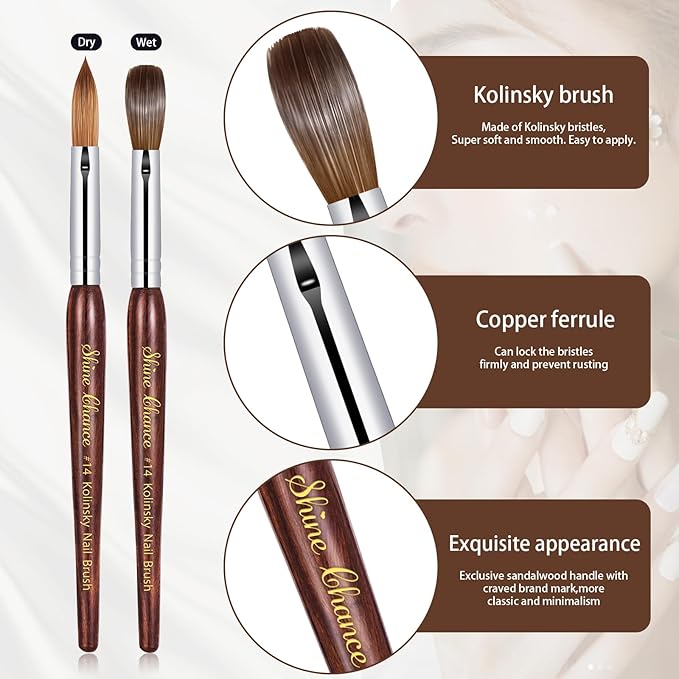 Acrylic Nail Art Brush Size 14, 100% Pure Kolinsky Hair Oval Nail Brush for Acrylic Application, Professional Nail Extension Manicure Tool Striping Nail Drawing Pen for DIY Home Salon
