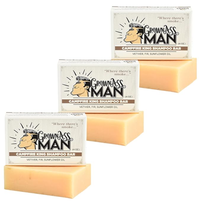 Grown Ass Man Co. - Solid Shampoo Bar Rich Lather 3 in 1: Hair, Beard & Body Wash - Plastic Free & Eco-Friendly, Natural & Organic Clean for All Hair Types, 4oz Bar (Campfire King, 3-Pack)