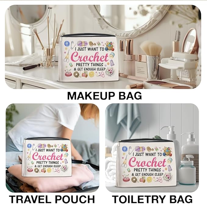 Crochet Gifts Makeup Bag for Crocheters Knitters, Crochet Lovers Knitting Gifts for Women Mom Grandma Cosmetic Bag with Zipper Travel Toiletry Pouch for Purse