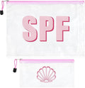 SOIDRAM 2PCS SPF Makeup Bag Clear Zippered SPF Bag Cosmetic Pouch Waterproof Travel Toiletry Organizer for Women Varsity Letter Patch Beach Pool Essentials