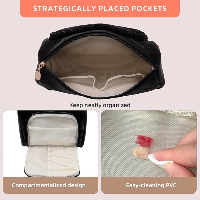 Cosmetic Bag Travel Makeup Bag Large Capacity Small Travel Zipper Pouch Makeup Organizer Bag for Women (Black-2 Pack)