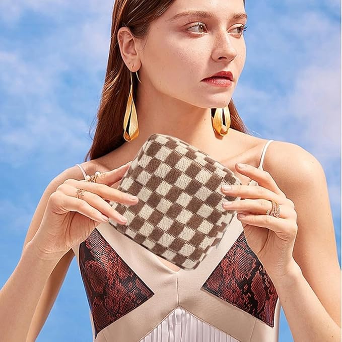 Small Brown Makeup Bag for Purse, Mini Checkered Cosmetic Bag Zipper Cute Make Up Pouch Travel Toiletry Bag Quilted Aesthetic Accessories Makeup Storage Bag Organizer for Women Girls