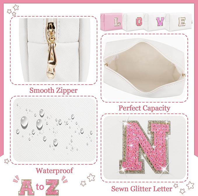 Personalized Initial Letter Makeup Bag, Small Glitter Letter Patch Cosmetic Pouch Zipper, Preppy Makeup Organizer PU Waterproof Travel Toiletry Bag, Monogrammed Birthday Gift for Women Girls