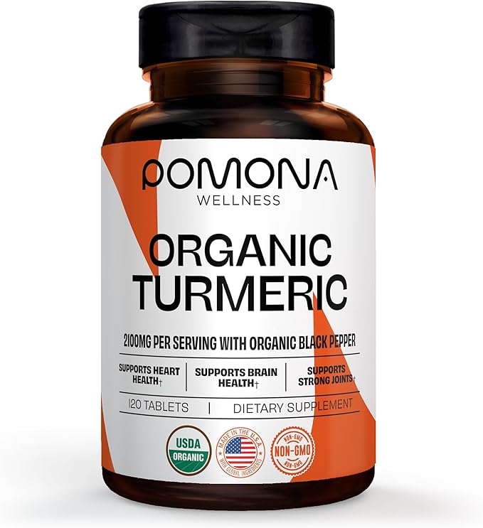 Pomona Wellness Organic Turmeric Supplement 2100 mg, USDA Organic, Non-GMO, Vegan, Turmeric Curcumin with Black Pepper for Absorption, for Joint Support and Immunity, 120 Tablets