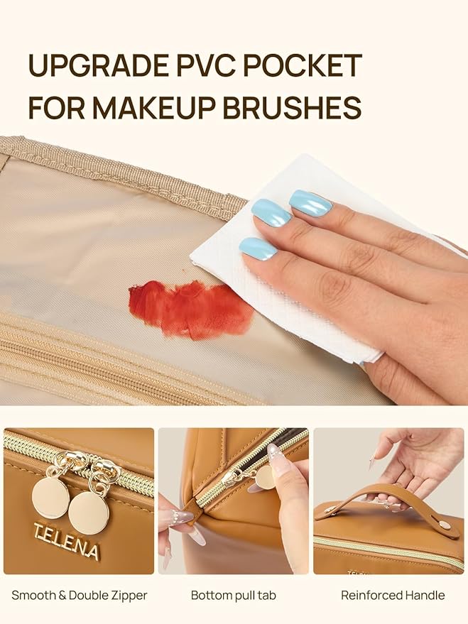 Telena Leather Make Up Bag Portable Travel Makeup Bag Waterproof Cosmetic Bags for Women Large Capacity With Handle and Divider Open Flat