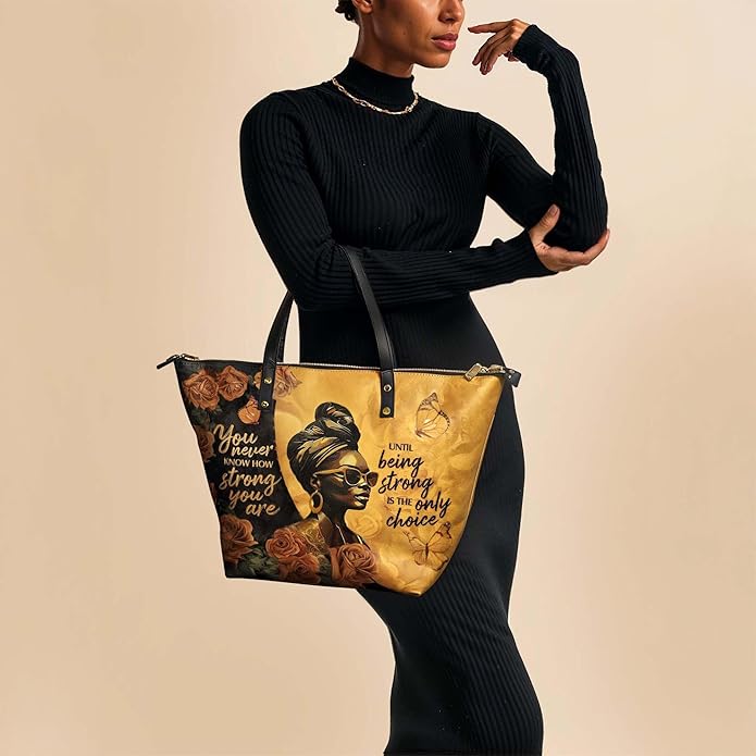 African Black Women's Leather Tote Bag, Large, Premium Vegan Leather, Full Zip, Perfect Christmas Gifts For Women
