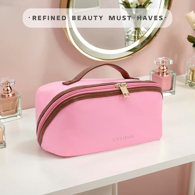 Travel Makeup Bag – Large Cosmetic Organizer with Waterproof Nylon, Smooth Double Zipper & Tear-Resistant Lining, Toiletry Pouch for Women (Pink)