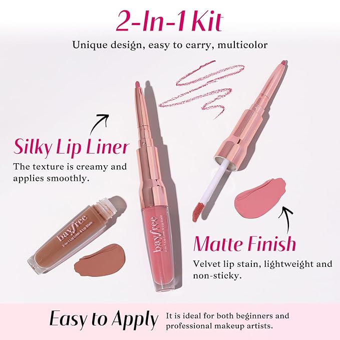 bayfree 2 PCS Lip Liner and Lip Stain Combo Set, High Pigmented Long Lasting Velvet Lip Tint, Well-Defined Lipliner, Weightless Waterproof Not Animal Tested, Matte Finish Makeup