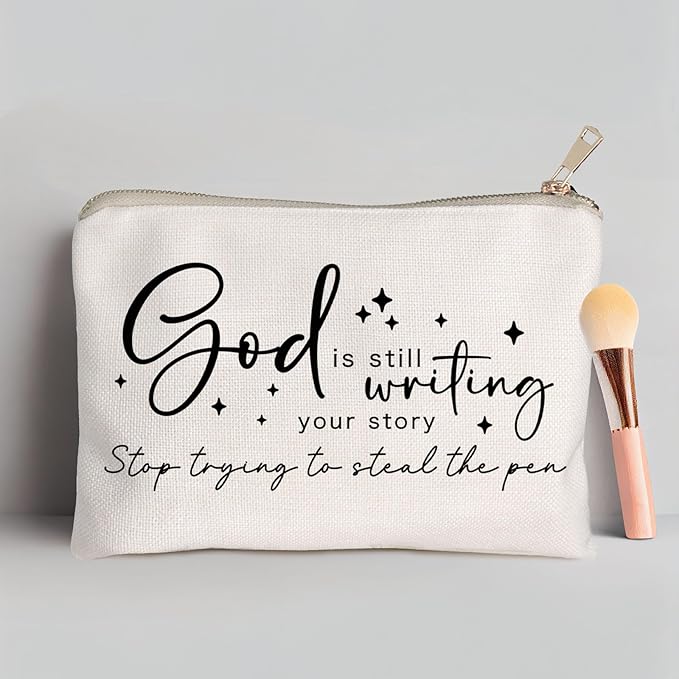 God is Still Writing Your Story Travel Bag Funny Christian Women of the Bible Makeup Bag Bible Quote Christian Quotes Scripture Makeup Pouch Linen Cotton Bag