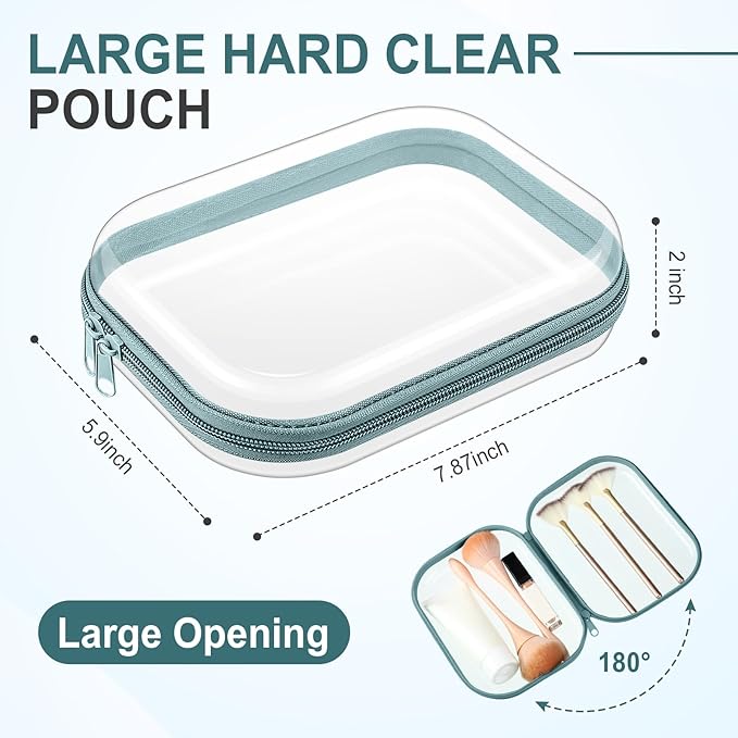 Sanwuta 6 Pcs Clear Hard Zipper Case Hard Plastic Zipper Pouches Makeup Bag Pencil Pouches Transparent Cases for Snacks Plastic Storage Organizer Box for Travel(Blue-green,7.87 x 5.9 x 2 Inch)