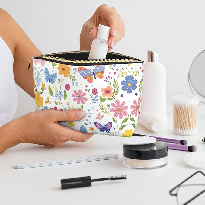 Womens Leather Makeup Bag Cosmetic Bag Travel Toiletry Bags Make Up Bags for Women Adult (Floral Butterflies)