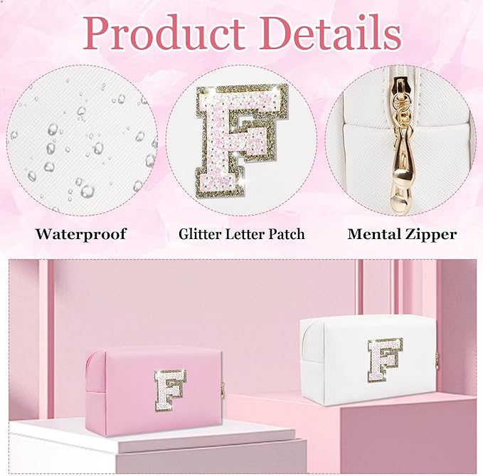 Small Personalized Glitter Initial Letter Makeup Bag, Cute PU Leather Chenille Letters Cosmetic Bag Travel Makeup Pouch, Preppy Travel Organizer Zipper Pouch for Women&Girls（White-F）