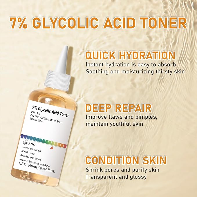 7% Glycolic Acid Exfoliating Toner, Exfoliating Facial Toner, Pore Minimizing Toner, Smooth Skin, Even Tone, Hydrating Formula