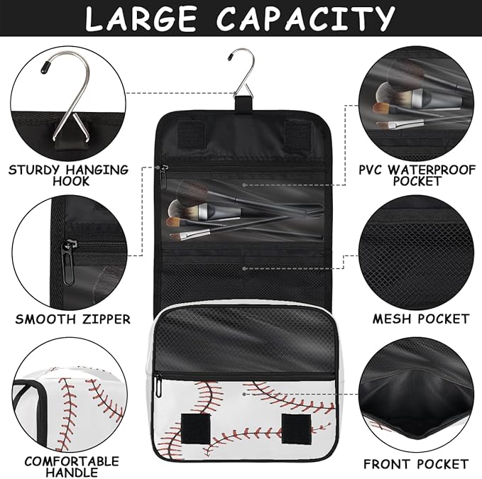 Travel Toiletry Bag for Women & Men Sport Baseball Red Hanging Cosmetic Organizer Portable Waterproof Makeup Case Make Up Bag with Compartments Travel Essentials for Bathroom Shower