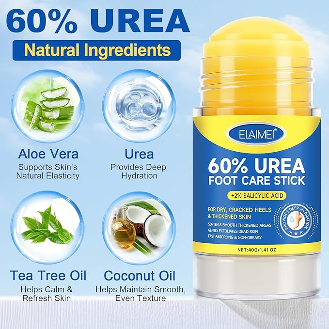 60% Urea with 2% Salicylic Acid Urea Foot Care Stick, 2PCS Heel Stick for Cracked Feet, Foot Care Cream Moisturizer for Dry Cracked Feet, Knees, Elbows, Hands, Foot Lotion Stick