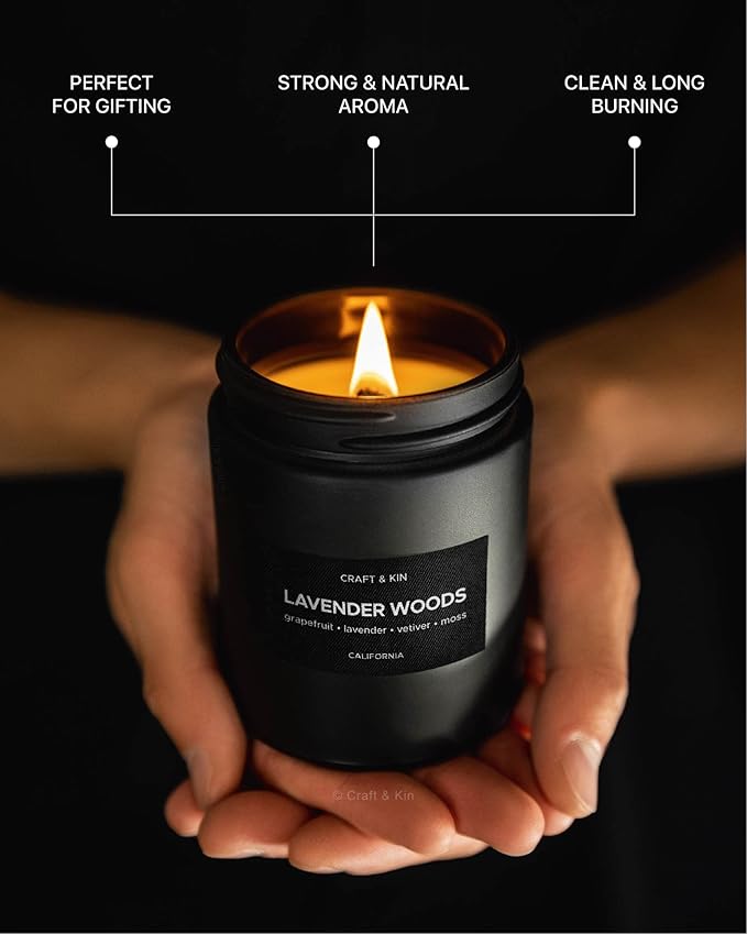 Craft & Kin Lavender Home Fragrance Bundle | Lavender and Wood Scented Candles + Lavender Room Spray | Men's Soy Candles & Room Freshener