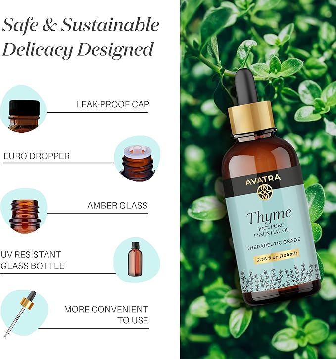 Avatra Thyme Essential Oil 100ML (3.38 OZ) with Glass Dropper and Travel Bottle, Pure and Natural Therapeutic Grade Thyme Oil for Diffuser, Aromatherapy, Massage, and DIY Candle Products