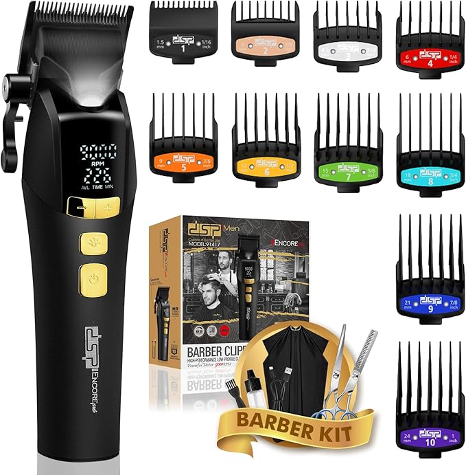 DSP Hair Clipper for Men Professional, Cordless DLC Coated Ceramic Blade, Five-Speed Adjustable 9000RPM, Hair Cutting Tool for Barbers, with Indicator Light Plug and Play, Black