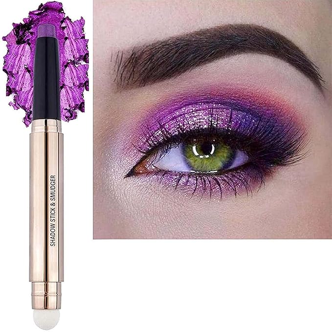 Purple Eyeshadow stick and Sponge Makeup Brush, Smooth Cream Shimmer Shadow Pencil Long Lasting Waterproof Highlighter Stick Hypoallergenic Multi-Dimensional eyes Look