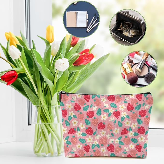 Cute Flowers Strawberry Makeup Bag Floral Cosmetic Bag Friend Friendship Gifts for Women Girls Sister Bestie Coworker Botanical Travel Organizer Zipper Pouch Christmas Thanksgiving Birthday Gifts