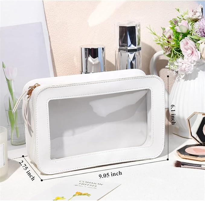 Clear and Waterproof Makeup Bag Portable Travel Cosmetic Case Organizer for Women Toiletry Pouch with Transparent Vinyl Windows & Zippers (White)