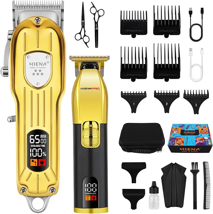 HIENA PRO Hair Clippers Set for Men, Professional Barber Kit for Hair Cutting, Cordless Rechargeable Clippers and Trimmers Set, Hair Cutting Kit with LED Display, USB, Gifts for Men (Gold Black)