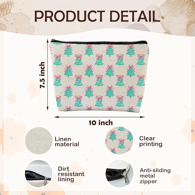 Coquette Pink Bow Christmas Tree Makeup Bag, Preppy Mint Green Christmas Tree Cosmetic Bags Gifts for Women, Girly Xmas Portable Travel Toiletry Bag Zipper Makeup Pouch