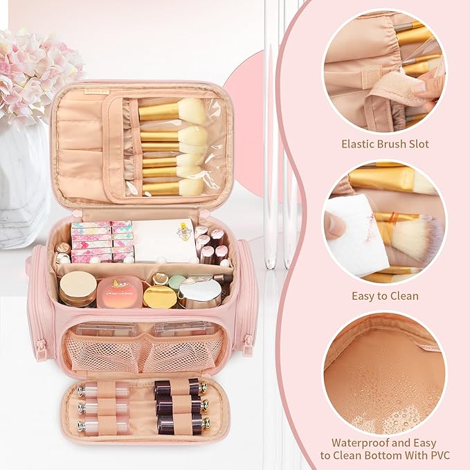 OCHEAL Large Makeup Bag,Cosmetic Organizer for Women with Zipper Pouch and Side Pocket, Multifunctional Compartments and Dividers,Travel Makeup Case for Toiletries, Brushes & Beauty Tools-Pink