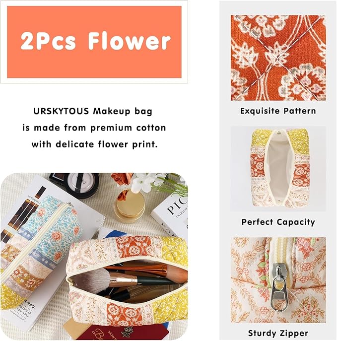2Pcs Floral Makeup Bag for Women Cotton Quilted Coquette Cosmetic Bag Cute Zipper Mixed Flower Makeup Pouch Aesthetic Portable Pencil Pouch Travel Toiletry Bag Trendy Cloth Skincare Bag