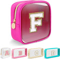 Mini Clear Personalized Initial Makeup Bag,Nylon Preppy A-Z Chenille Letter Patch Zipper Cosmetic Bag, Small Cute Beach Pouch Travel Purse Sanitary Napkin Storage Bag for Women Girls(Hot Pink-White F)