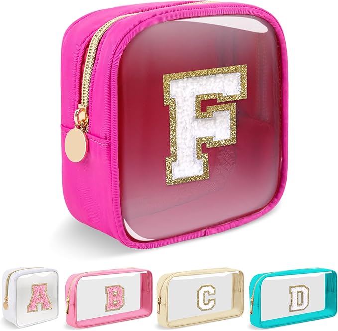 Mini Clear Personalized Initial Makeup Bag,Nylon Preppy A-Z Chenille Letter Patch Zipper Cosmetic Bag, Small Cute Beach Pouch Travel Purse Sanitary Napkin Storage Bag for Women Girls(Hot Pink-White F)