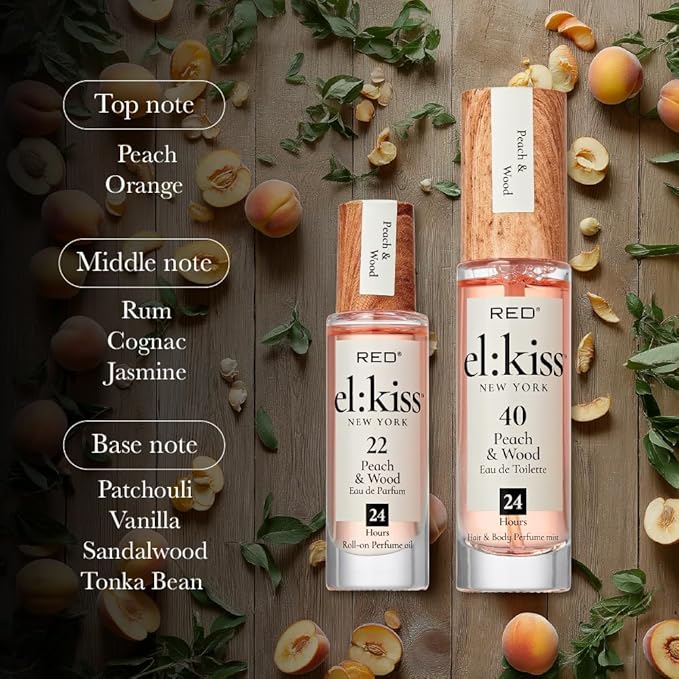 EL:KISS Roll On Perfume, Peach & Wood Inspired by Tom F Bitter Peach Eau de Parfum 12mL (.40 Fl Oz), Hydrating & Long-Lasting, Alcohol-Free & Mineral Oil-Free, Infused With Jojoba, Argan & Coconut Oil
