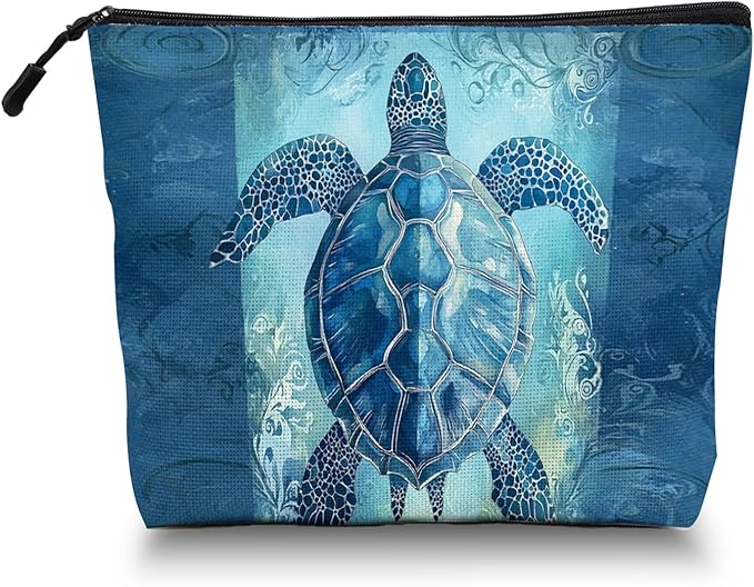 Cosmetic Bags Travel Makeup Toilet Case Waterproof Pouch for Women Girls 6.7X9.45inches - Blue Sea Turtle With Ornamental Patterns