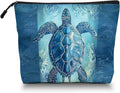 Cosmetic Bags Travel Makeup Toilet Case Waterproof Pouch for Women Girls 6.7X9.45inches - Blue Sea Turtle With Ornamental Patterns