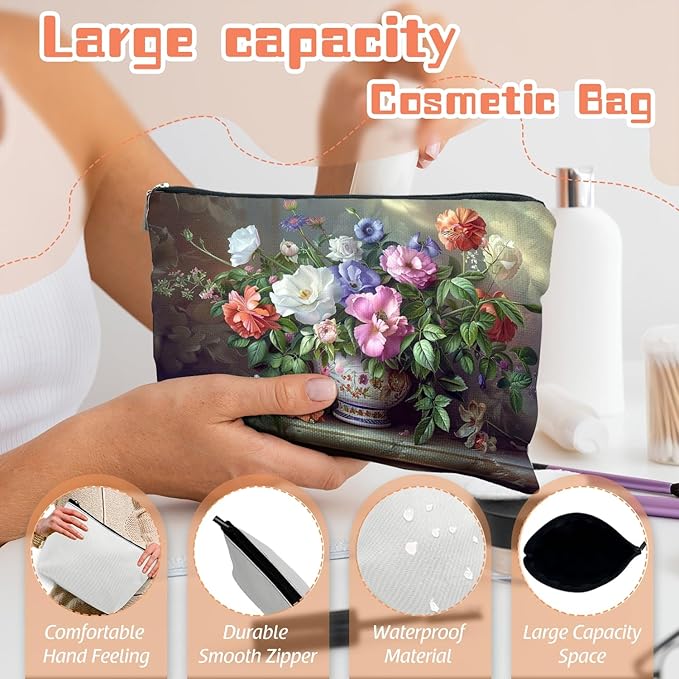 Makeup Bag Travel Cosmetic Bags Small Makeup Case Waterproof Zipper Pouch for Women Girls 7X9inches - Exquisite Bouquet in A Decorated Ceramic Vase