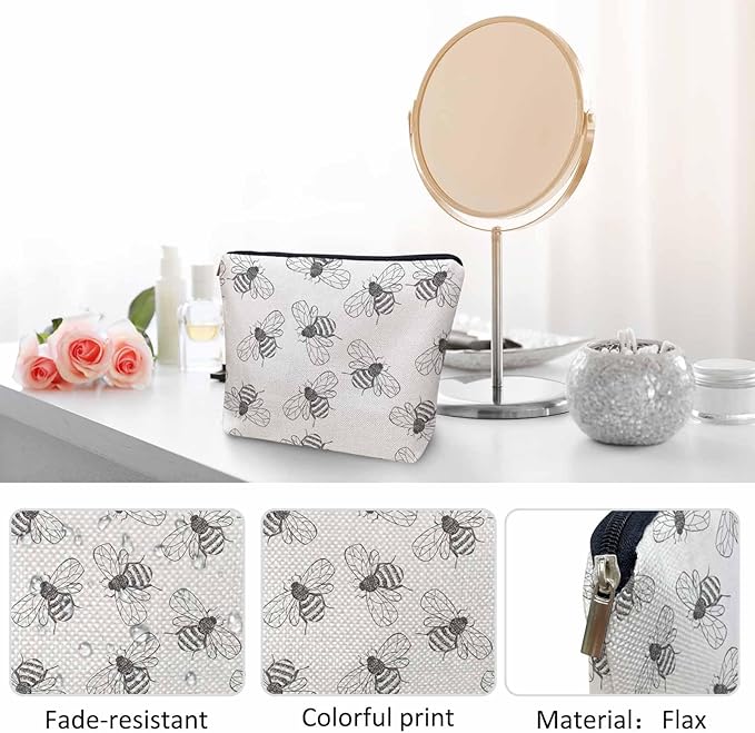 Bumblebee Makeup Bag For Women, Adorable Cosmetic Bag Makeup Bags, Gray Animal Bee Bumblebees Zipper Bag Travel Bags Toiletry Organizers Pouch Bags Washing Bags For Gym Bathroom