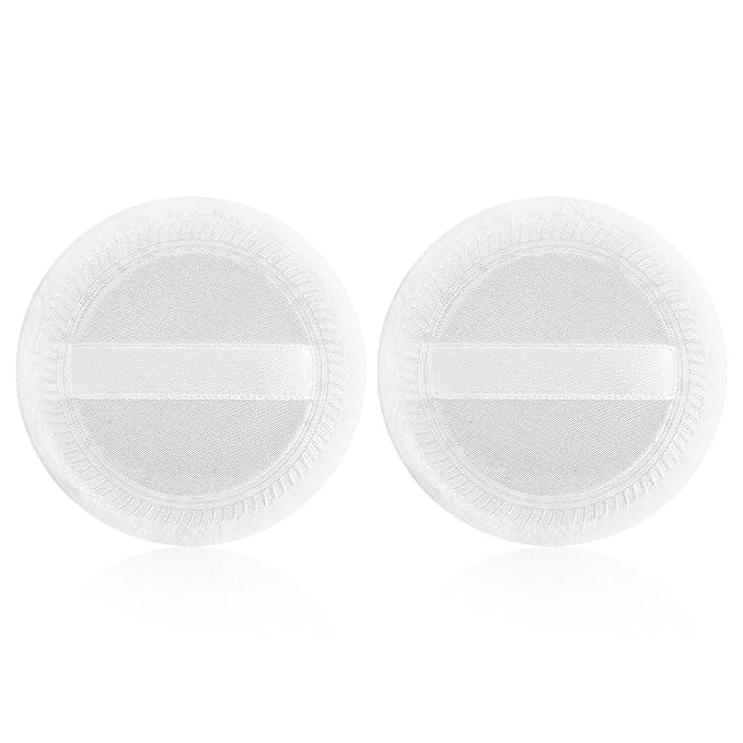 Sibba Powder Puff 2PCS Cotton Cosmetic Face Makeup Velour Powder Pads with Ribbon for Loose and Foundation Round White Dry Puff Suitable for Eyeshadow Blush Concealer and etc.