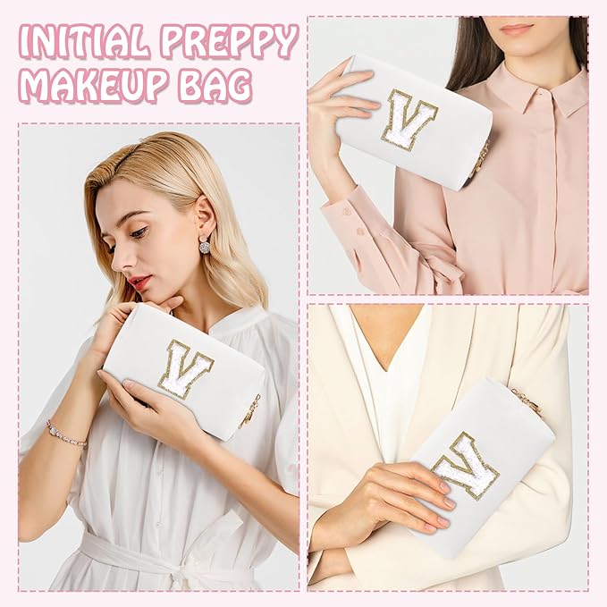Personalized Initial Preppy Patch Makeup Bag, Travel Toiletry Zipper Pouch Cute White Cosmetic Organizer Small Makeup Bag for Purse, PU Chenill Letter Make Up Bags Gift for Friend Female(Letter V)