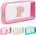 Personalized Initial Letter Clear Makeup Bag,Preppy Small Nylon&PVC Cosmetic Zipper Bag with Chenille Letter,Portable Beach Travel Skincare Toiletry Bag,Trendy Monogram Gift for Teen Girls Women,P