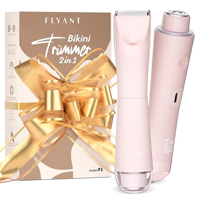 Bikini Trimmer for Women, 2 in 1 Electric Shaver for Women, Pubic Hair Trimmer Waterproof IPX7 with LED, Bikini Razor for Leg Arm Underarm Bikini Area, Pull Bows Gift Box for Friends (Rose Pink)