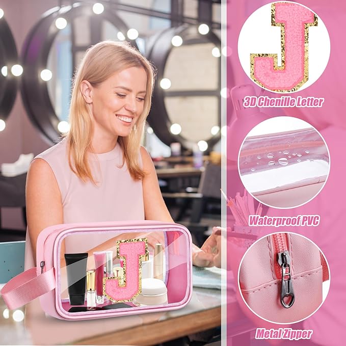 Initial Makeup Bag,Letter J Cute Clear Monogrammed Cosmetic Travel Bag for Womens Girls,Personalized Pink Aesthetic Traveling Make Up Organizer Bag for Beach,Waterproof Toiletry Bag
