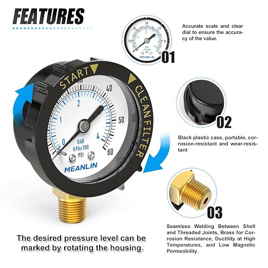 MEANLIN MEASURE 0~60Psi Plastic Frame 1/4" NPT Start and Clean Filter Pressure - Image 5