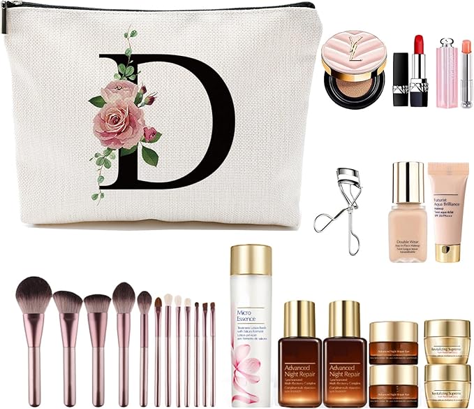 Initial A-Z Personalized Letter Makeup Bag, Monogrammed Bridesmaid Gifts/Presents Cosmetic Bag, Portable Stationery Storage Organizer Pouch, Friendship Love Travel Makeup Bags