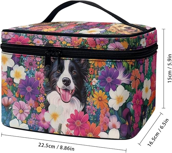 JoyLamoria Collie and Flower Cosmetic Bag Outdoor Travel Makeup Bag Cute Cosmetic Wallet Coin Purse for Teens